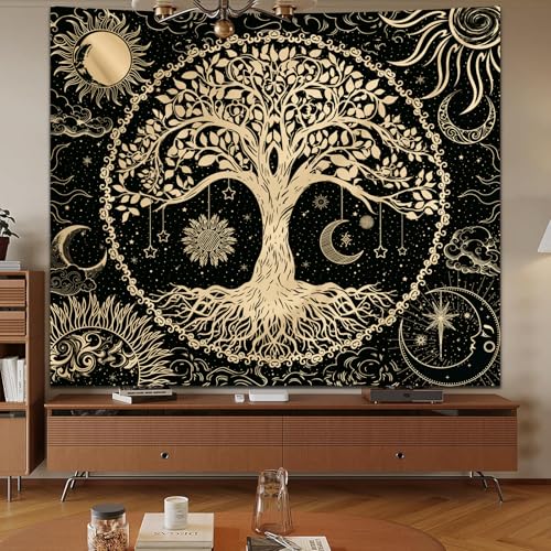 Avinyl Tree of Life Tapestry Wall Hanging, Large Black Sun Moon Tapestries - color: Black Gold Tree Tapestry, size: 60"L x 51"W