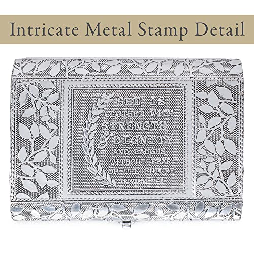 Cottage Garden Strength Silver Tone Metal Stamped Round Top Trunk Keepsake Box - color: Silver Tone, style: Strength
