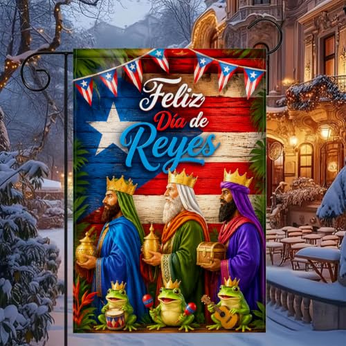 IVN Puerto Rican Three Kings Day Garden Flag 12x18 Inch Double Sided - color: Festive Kings and Frogs