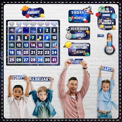 Cholemy 85 Pcs Calendar Bulletin Board Set Classroom Calendar Bulletin Board with Numbers Month Weather Classroom Decorations for Back to School Wall Chalkboard Decor Supplies(Space) - style: Space