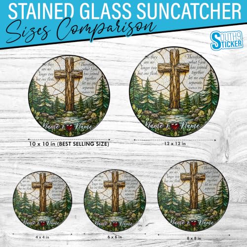 Custom Christian Religious Wedding Stained Glass Suncatcher Personalized Couple Names Wedding Cross Window Hanging Ornament, Family Home Décor, Valentines, Christmas Sympathy Sun Catcher Gifts