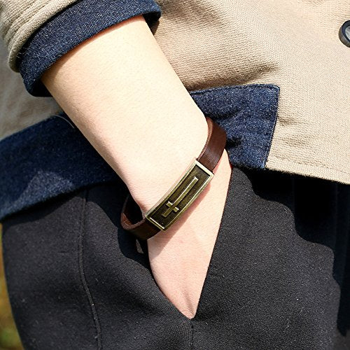 Men Punk Alloy Leather Bracelet Cross Bracelet Bangle Wristband - color: Brown