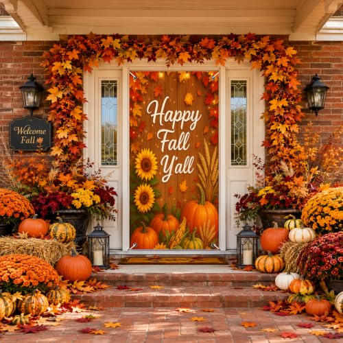 BlissYard Fall Door Cover Thanksgiving Decor Pumpkin Sunflower 35x71 Inch - color: Orange Happy Fall Y’all