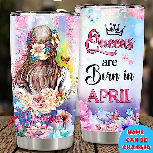 WAZONE Personalized Flower Butterfly Tumbler Customized Gifts Birthday Christmas For Girl Stainless Steel Cup 20oz 30oz Queens Are Born In April August July March September November December - color: Queen