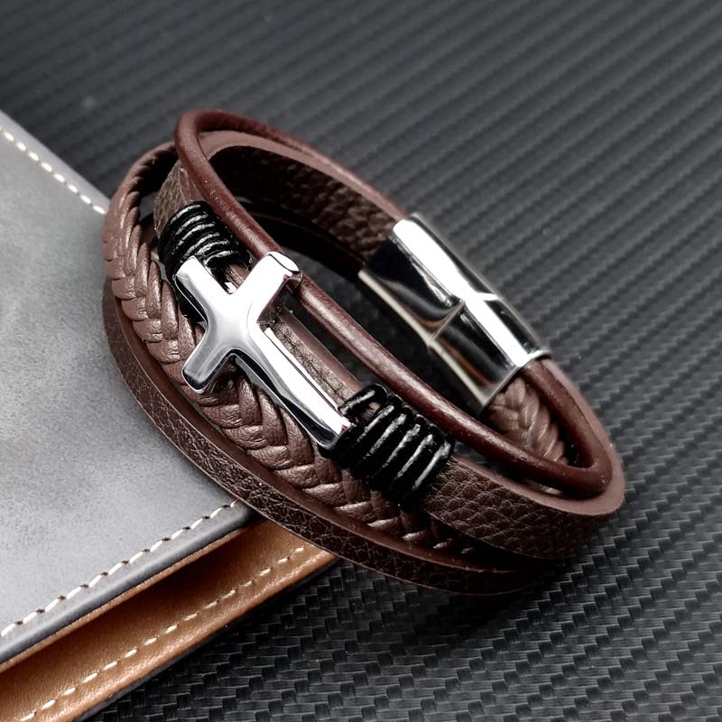 Mens Brown Leather Bracelet Multi-Layer Braided Leather Cross Bracelet Religious Confirmation Gifts - color: Brown Leather Silver Cross