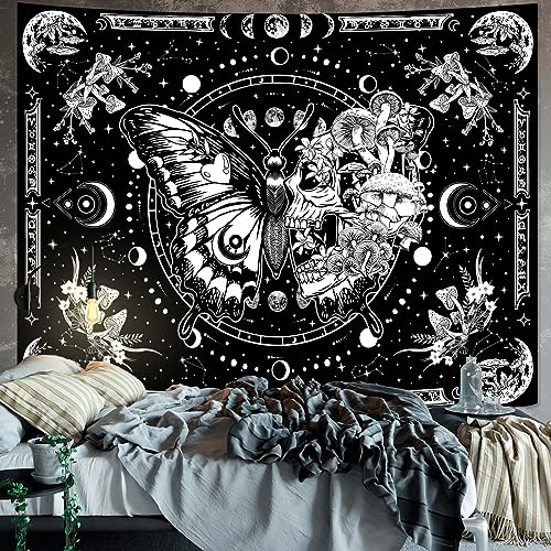 Fungarth Skeleton Butterfly Tapestry Black and White Skull Mushroom Plants Tapestries Hippie Aesthetic Tapestry Wall Hanging for Bedroom Living Room Dorm (Black, 48” x 36”) - color: Black, size: 48"L x 36"W