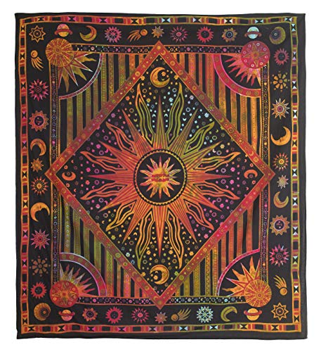 Popular Handicrafts Wall Hanging Tapestry For Bedroom Burning Hippie Sun and Moon Meditation Bohemian Hippy Psychedelic Design Indian Tapestries Bedspread 84 x 90 Inches (215cm x 230cm) Rose - color: Multicolor_1, size: 90"L x 84"W