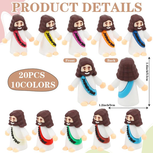 Little Jesus Figures, 20 PCS Multicolor Tiny Jesus Loves You Figures to Hide and Seek Mini Jesus Figurines in Bulk for Easter Egg Stuffers Religious Party Favors Sunday School Baptism Gifts