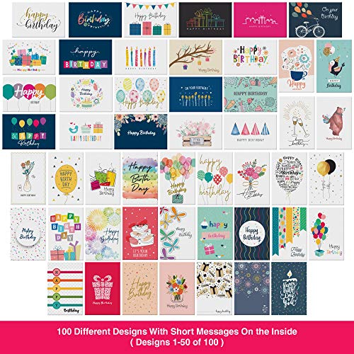 Dessie 100 Unique Birthday Cards Assortment with Greetings Inside for Businesses and Individuals.100 Assorted Color Envelopes, Gold Seals, Birthday Calendar in Sturdy Storage Box - color: Assorted