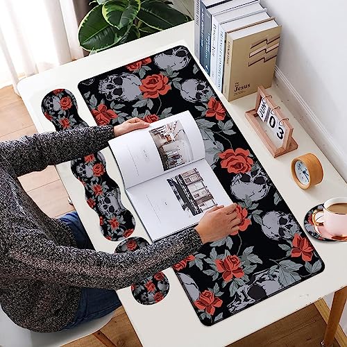 4 in 1 Mouse Pad Combo, Large Gaming Mouse Pad + Keyboard Wrist Support + Mouse Wrist Rest + Coaster, Table Pad with Stitched Edge Memory Foam Ergonomic Wrist Pad Set, Human Skulls Vintage Roses - color: Human Skulls Vintage Roses