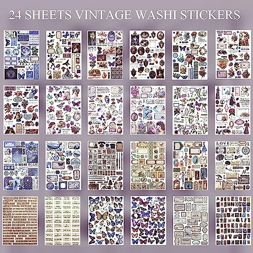 Vintage Washi Sticker Book Ephemera for Junk Journals,800+ Journaling Stickers for Scrapbooking Supplies, Collage, DIY Crafts Arts Decorative 24 Sheets - color: Blue Vintage Collection Book