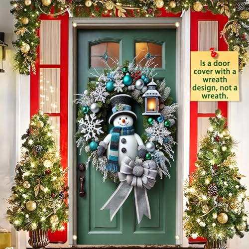 Christmas Door Cover Banner Snowman with Lantern Design 71x35 Inch Holiday Door Sign for Front Door Silver Bow Snowflake Door Cover for Winter Xmas Party Home Outdoor Decor - color: Christmas Snowman Decor