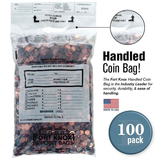 BankSupplies Poly Coin Bags - 13W x 22H - Single Handled with Sequential Numbering, Tear Off Receipt, and Tamper Evident Seal - size: 13W x 22H | Pack of 100