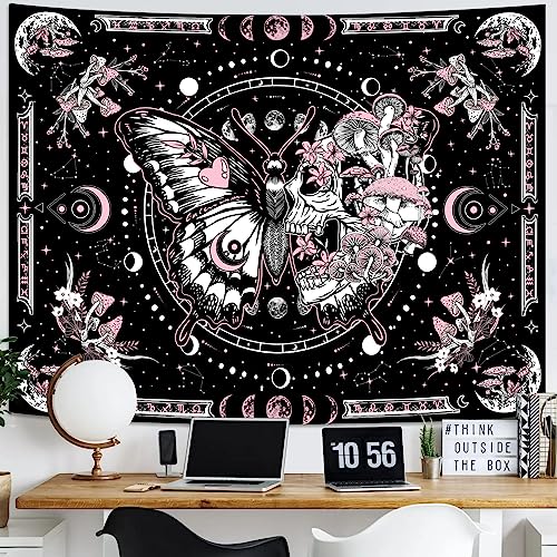 Fungarth Skeleton Butterfly Tapestry Pink Skull Hippie Mushroom Plants Tapestry for Bedroom Moon phase Aesthetic Tapestries Wall Hanging for Living Room Dorm (Pink, 80” x 60”) - color: Pink, size: 80"L x 60"W
