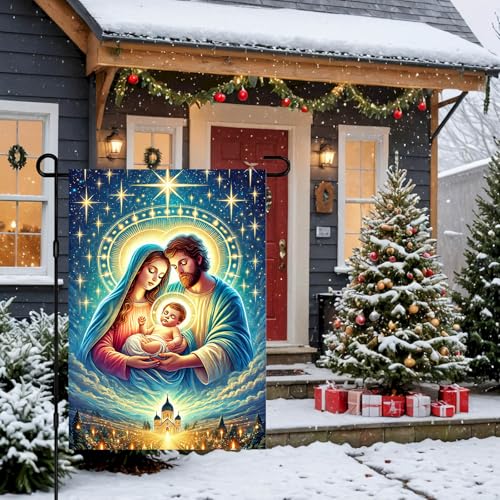 IVN Merry Christmas Nativity Scene Garden Flag 12x18 Inch Double Sided - color: Starry Madonna and Child