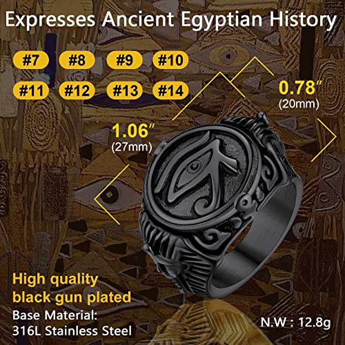 ChainsProMax Can Engrave Men Ancient Egyptian Eye of Ra Ankh Cross Ring, Size #7-#14, Stainless Steel/Gold Plated/Black (Send Gift Box) - color: Engrave-Eye of Ra-black