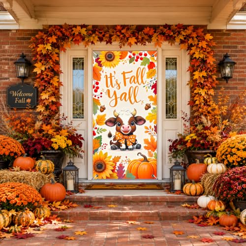 BlissYard Fall Door Cover Thanksgiving Decor Cute Cow Pumpkin 35x71 Inch - color: Cute Baby Cow