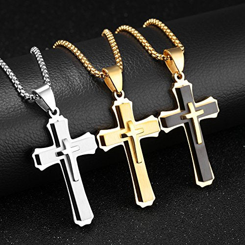OLEVS Men's Cross Pendant Necklace Large Stainless Steel Cross Pendant Necklace for Men Women - color: gold-all