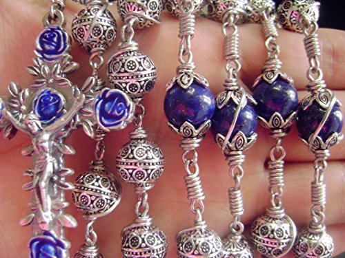 elegantmedical HANDMADE ANTIQUED 10MM BALI STERLING 925 SILVE Wire Wraped BEADS LAPIS LAZULI NECKLACE ROSARY CROSS NECKLACE MENS GIFTS