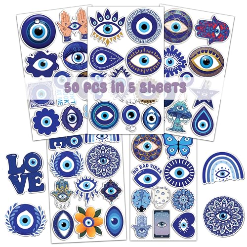 50 Pcs Evil Eyes Sticker Waterproof Blue Eye Stickers Lucky Symbol Vinyl Decals Water Bottle Phone Luggage Laptop Bike Scrapbooking Notebook Tablet Christmas Birthday Gifts for Female Coworker - color: Evil Eyes