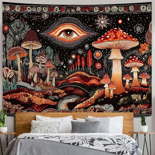 Fungarth Hippie Red Mushroom Tapestry Vintage Boho Forest Tapestries Wall Hanging Fantasy Plant Celestial Large Tapestry for Bedroom Living Room Study Classroom Dorm 80 x 60 inch - color: Orange Eye, size: 80"L x 60"W