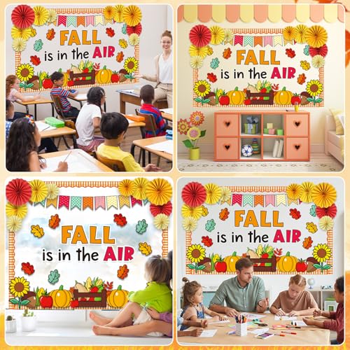 Fall Thanksgiving Bulletin Board Set for Classroom Decoration Fall is in The Air Paper Cutouts with 3D Paper Fans Autumn Leaves Pumpkins Bulletin Board for School Office Harvest Wall Decor - style: Fall is in The Air