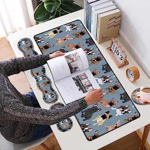4 in 1 Mouse Pad Combo, Large Gaming Mouse Pad + Keyboard Support + Mouse Rest + Coaster, Table Pad with Stitched Edge Memory Foam Ergonomic Wrist Pad Set, French Bulldogs - color: French Bulldogs