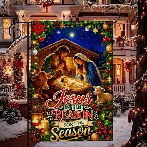 IVN Nativity Christmas Garden Flag 12x18 Inch Double Sided Yard Decor - color: Festive Nativity Stable