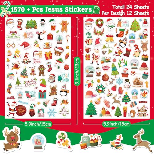 LINAYE 24 Sheets Christmas Stickers for Kids, 1570 PCS Adhesive Christmas Stickers Bulk Cute Goodie Bags Basket Stuffers Party Favors for Kids - style: Christmas 24 Sheets