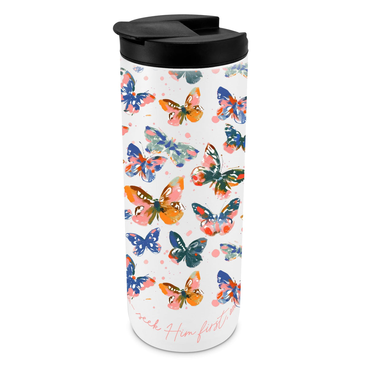 Lighthouse Christian Products Trust God Butterflies - 20 ounce Blue and Yellow Insulated Stainless Steel Tumbler with Lid Christian Gift - Catholic Travel Cup - style: Trust God Butterflies White