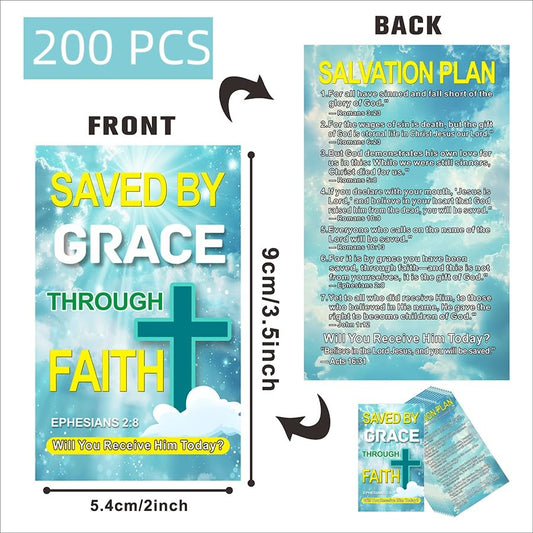 200 Pcs “Saved by Grace Through Faith” Gospel Tract Cards – Double-Sided Christian Evangelism Cards with Salvation Plan and Scripture Verses, Faith Sharing Postcards for Ministry Use