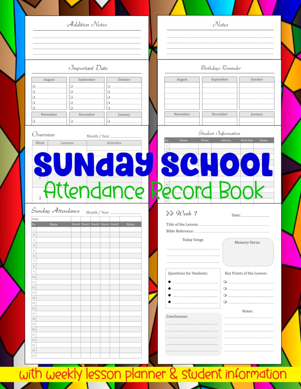 Sunday School Attendance Record Book: 12-Month Undated Attendance Tracker With Teacher Lesson Planner & Students Information Organizer for 25 Students. 8.5 x 11 Inch, 105 Pages.