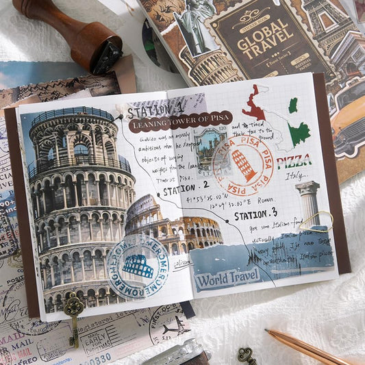 Prstincol Vintage Aesthetic Washi Stickers and Papers for Scrapbooking, 50 Sheets Ephemera Book for Art Journaling with Retro Global Travel Theme Stickers and Decoupage Papers for Junk Journal - color: Tiezhishu-travel