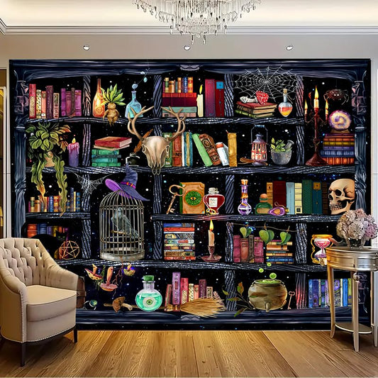 FENDROM Bookshelf Magical Book Tapestries Goth Skull Vintage Botanical Tapestry Black Cat Wall Hanging for Bedroom Home Decor - color: Bookshelf, size: 59"L x 51"W