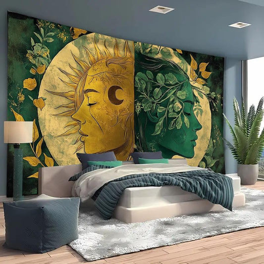 FENDROM Psychedelic Hippie Sun and Moon Tapestry for Bedroom Aesthetic, Fantasy Trippy Mystic Floral Face Vintage Decor Tapestries Wall Hanging Backdrop for Living Room Dorm - color: Face, size: 59"L x 51"W