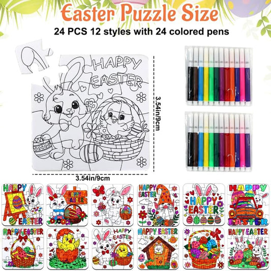 24 Pcs Easter Crafts Puzzle for Kids & Adults, Easter Gifts DIY Jigsaw with Egg Bunny Basket Flower, Spring April Arts and Craft for Party Favors Classroom Activities Coloring Games & Paper Toy Bulk - color: Easter Colorful