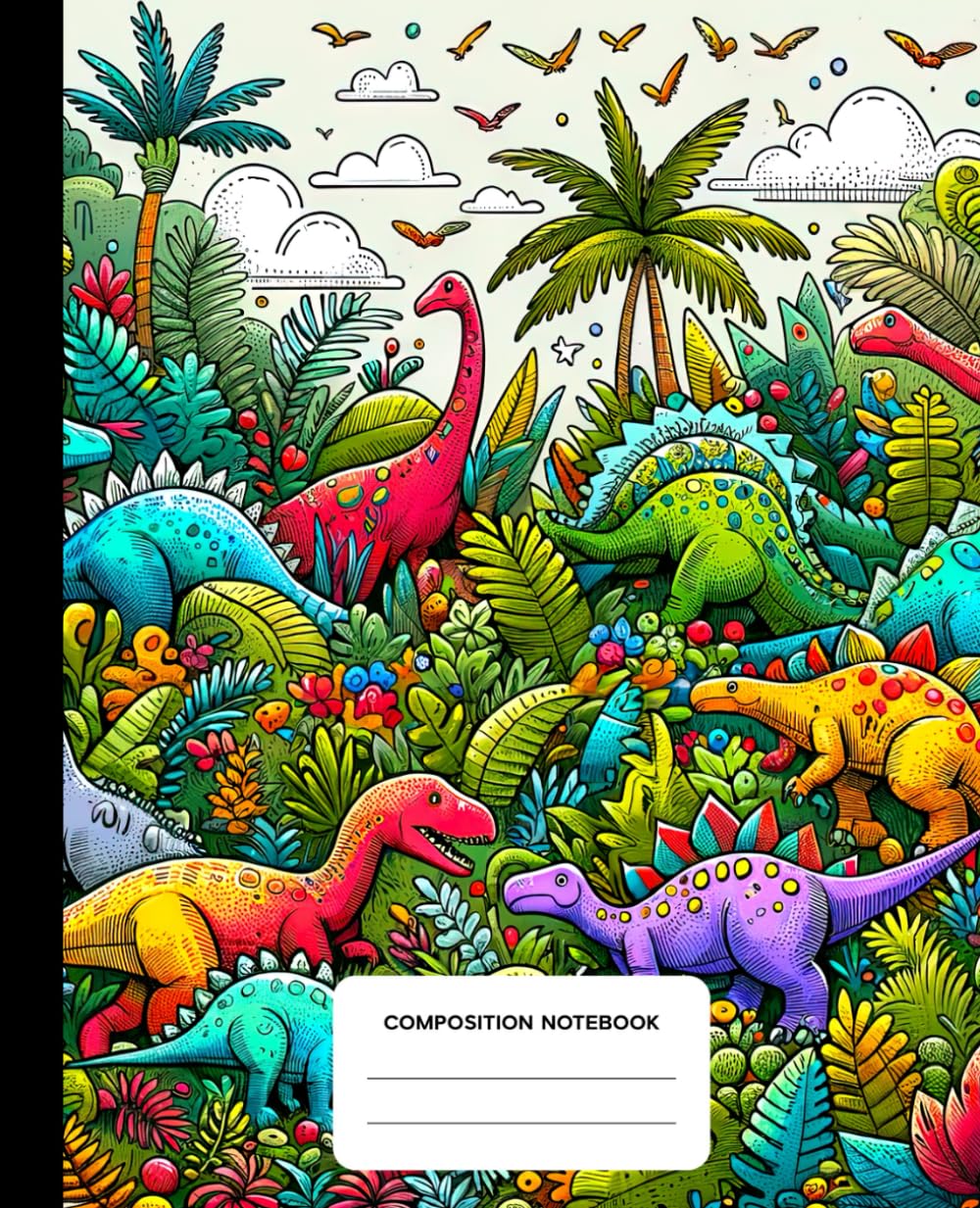 Composition Notebook: Dinosaurs Illustration - Wide Ruled Lined Paper Journal For School, College, Office, Work - 7.5" x 9.25" - 110 Pages