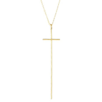 14K Gold Plated Long Hammered Cross Necklace for Women Religious Faith Jewelry Christian Gift - color: Yellow Gold Plated, size: 45cm