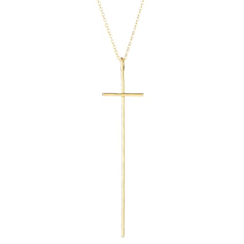 14K Gold Plated Long Hammered Cross Necklace for Women Religious Faith Jewelry Christian Gift - color: Yellow Gold Plated, size: 45cm