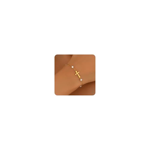 18K Gold Plated Pearl Bracelets for Women Dainty Waterproof - style: Pearls Cross-Gold