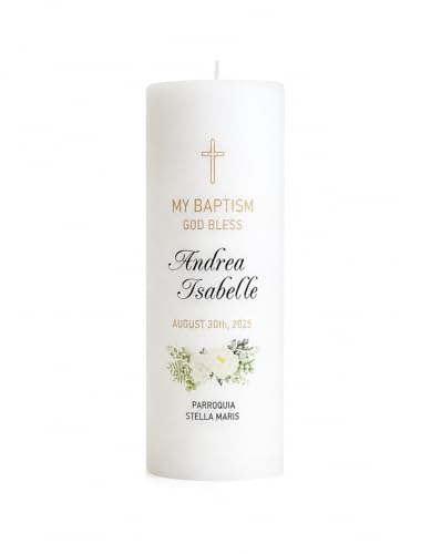 WHITEROOM Personalized Baptism Candle, White Religious Ceremony Candle with Cross Design, Floral Decoration, Custom and Personalized Name and Date (9" x 2.75") - size: 9" x 2.75"
