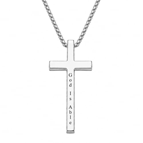 Engraved Cross Necklace for Men, Women & Boys & Girls Cross Necklace, Stainless Steel Cross Pendant Necklace, Faith & Inspiration Christian Jewelry Gift - color: God Is Able