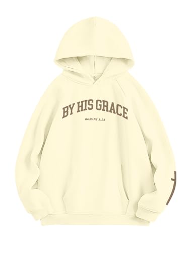 FAYALEQ Christian Sweatshirt By His Grace Letter Print Hoodie Christian Religious Sayings Sweater Bible Pullover Tops - color: Apricot, size: Large