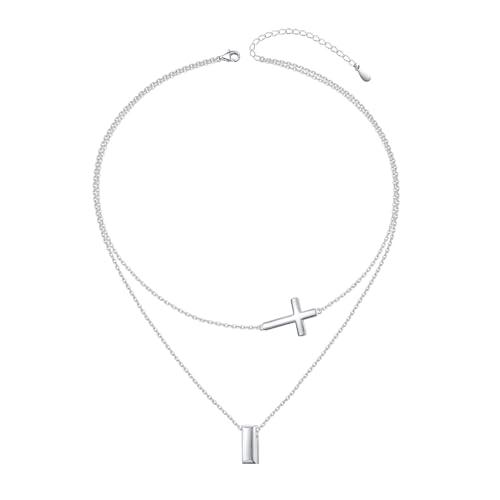 DAOCHONG S925 Sterling Silver Sideways Cross Choker Necklace 14+4 Inch - color: Silver-Layer