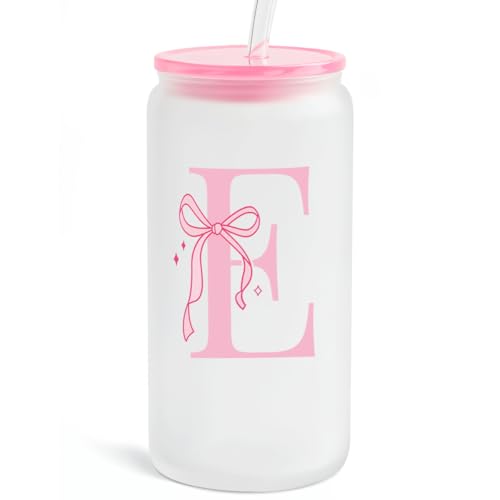 SANDJEST Monogrammed Glass Drinking Can Cup with Acrylic Lid and Straw, Personalized Frosted Iced Coffee Tumbler 16oz, Monogram Initial Gifts for Women Girls on Birthday (E) - color: E