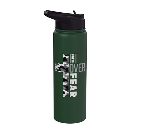 Faith Over Fear Christian Camo Cross Religious Bible Verse Stainless Steel Insulated Water Bottle - color: Dark Green