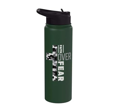 Faith Over Fear Christian Camo Cross Religious Bible Verse Stainless Steel Insulated Water Bottle - color: Dark Green