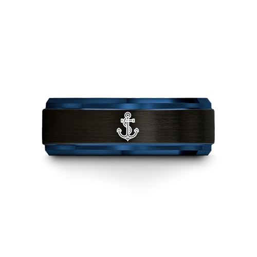 Gift for Nautical Fan - Anchor With Rope Ring - Men Women - Tungsten - Flat Dome Bevel - Band - Yellow Gold Black Silver Blue - Anniversary Wedding - 8mm - Brushed Polished - Personalized Custom Engra - color: 05 - Black Blue Tungsten