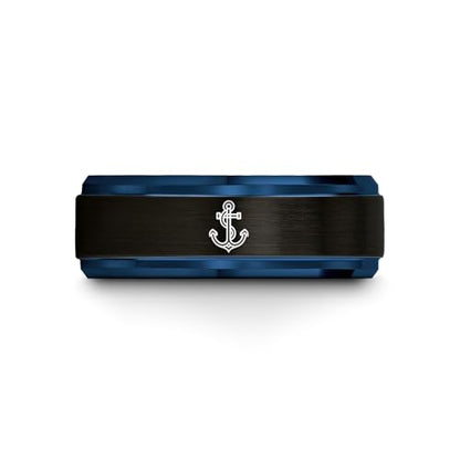 Gift for Nautical Fan - Anchor With Rope Ring - Men Women - Tungsten - Flat Dome Bevel - Band - Yellow Gold Black Silver Blue - Anniversary Wedding - 8mm - Brushed Polished - Personalized Custom Engra - color: 05 - Black Blue Tungsten