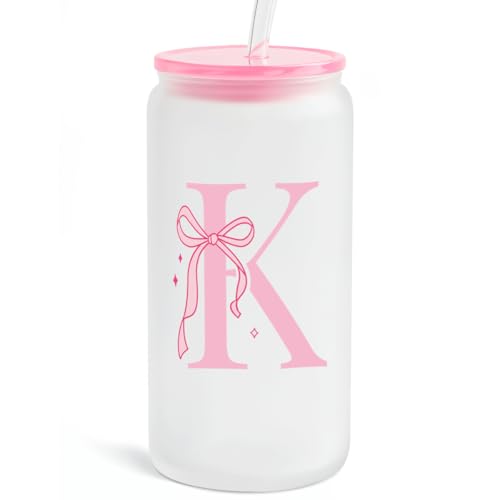 SANDJEST Monogrammed Glass Drinking Can Cup with Acrylic Lid and Straw, Personalized Frosted Iced Coffee Tumbler 16oz, Monogram Initial Gifts for Women Girls on Birthday (K) - color: K